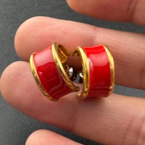Vintage 18k Gold Plated Red Enamel Half Hoop Earrings