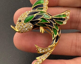 Broche Vintage En Forme De Poisson - Cristaux Bleus Sur Fond Or Pâle - État Impeccable