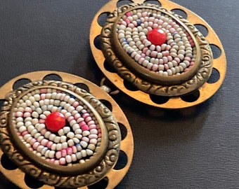 Czech 2 part Belt Buckle brass red cabochon white seed bead Set Glass or ceramic Metal