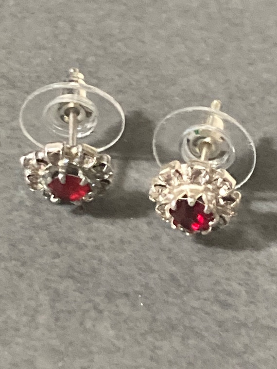 Ruby Red Rhinestone Stud Earrings, Silver Plated (Small, Vintage Style)