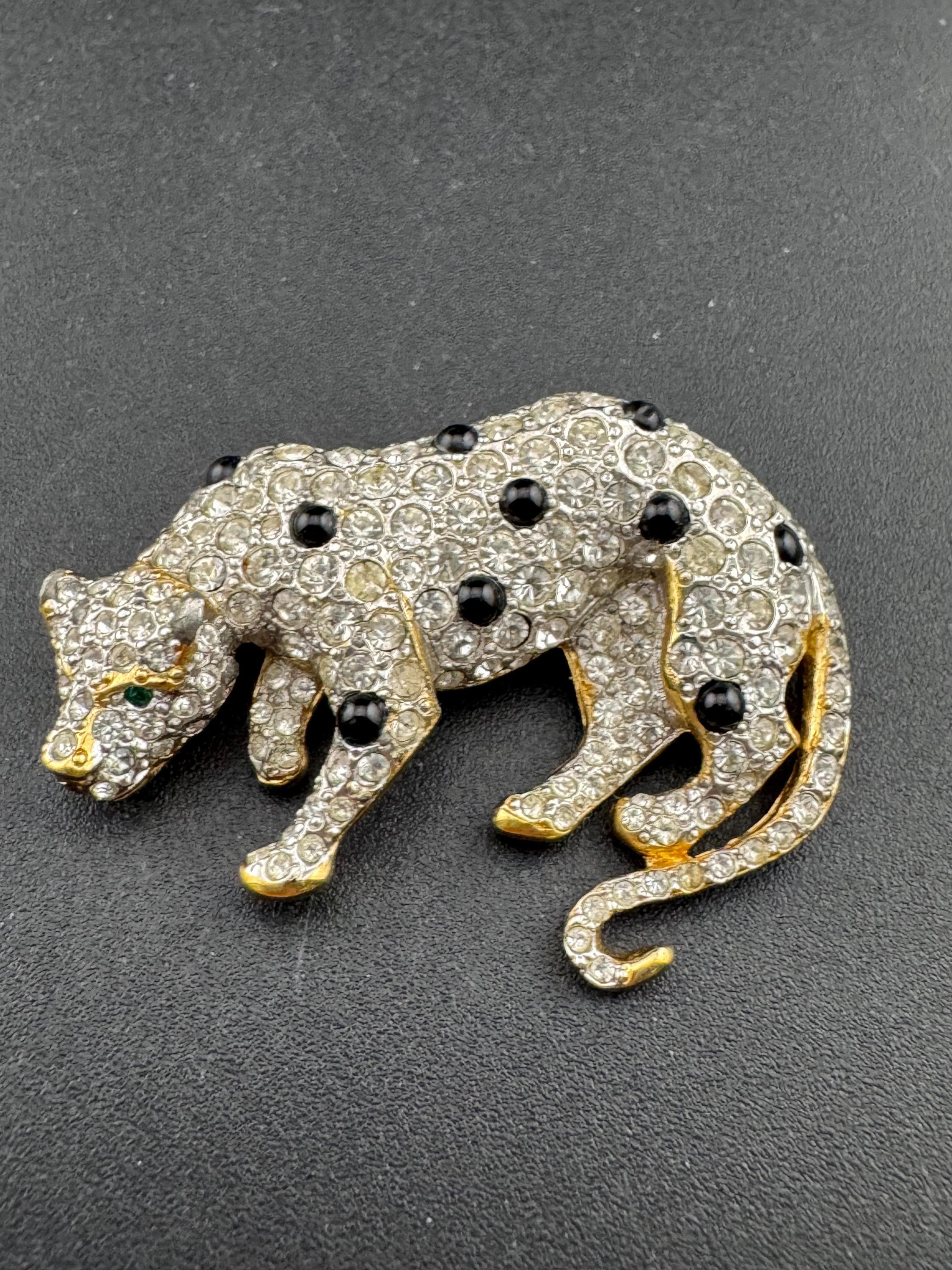 Vintage 60s J L Aldenkamp Brooch: Gold Plated Crystal Leopard