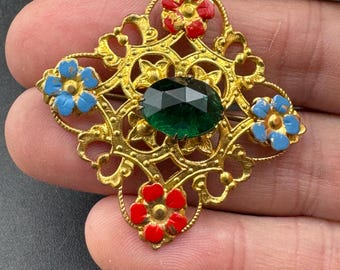 Grande Broche Art Déco En Laiton Vieilli - Strass Et Cristal Taillé Tchèque - Occasion - Bijou Vintage
