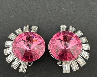 pink and clear Swarovski rivoli crystal clip on earrings, vintage oversized 3cm silver tone