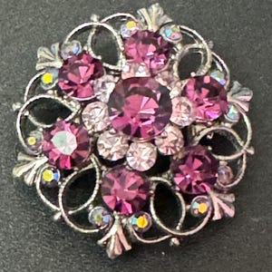 Signed Cadani Silver tone pink amethyst purple diamanté rhinestone brooch 4cm