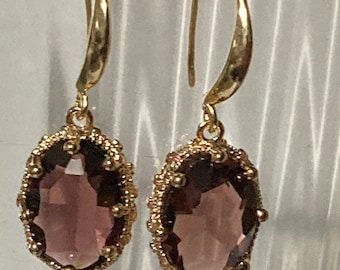 18k gold plated Amethyst purple crystal diamanté ornate deep set oval crystal cabochon drop charm earrings