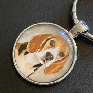 Tricolor Beagle Hund silberfarbener Schlüsselanhänger Glas Cabochon