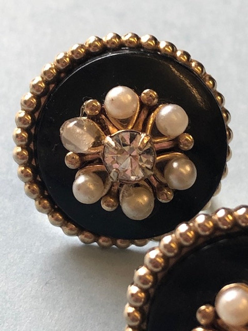 Antique Vintage Black base ornate Gilt gold metal and seed pearl diamante dot work earrings Victorian Edwardian style screw back