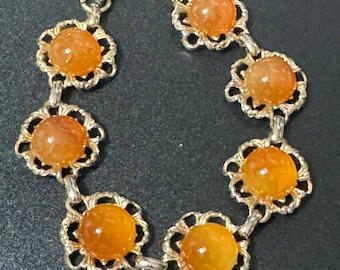 Bracelet vintage à maillons floraux dorés avec pierres précieuses orange