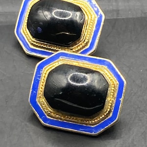 oversized Vintage Gold tone octagonal gold blue and black enamel clip on earrings