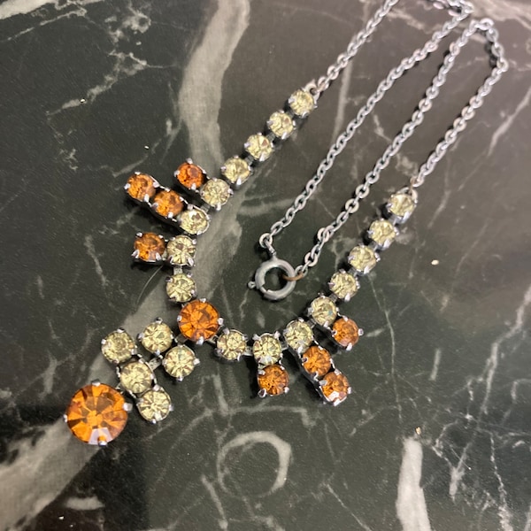 Petite Vintage diamanté orange yellow silver tone necklace 37cm