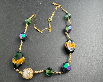 green foil beaded station necklace, art deco faceted glass