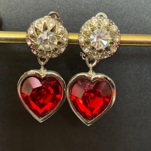 Vintage 1980s Swarovski Crystal Heart Drop Earrings: Ruby Red Silver Tone