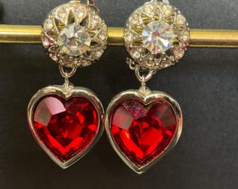 Swarovski Crystal Heart Drop Earrings: Ruby Red Silver Tone Vintage 1980s