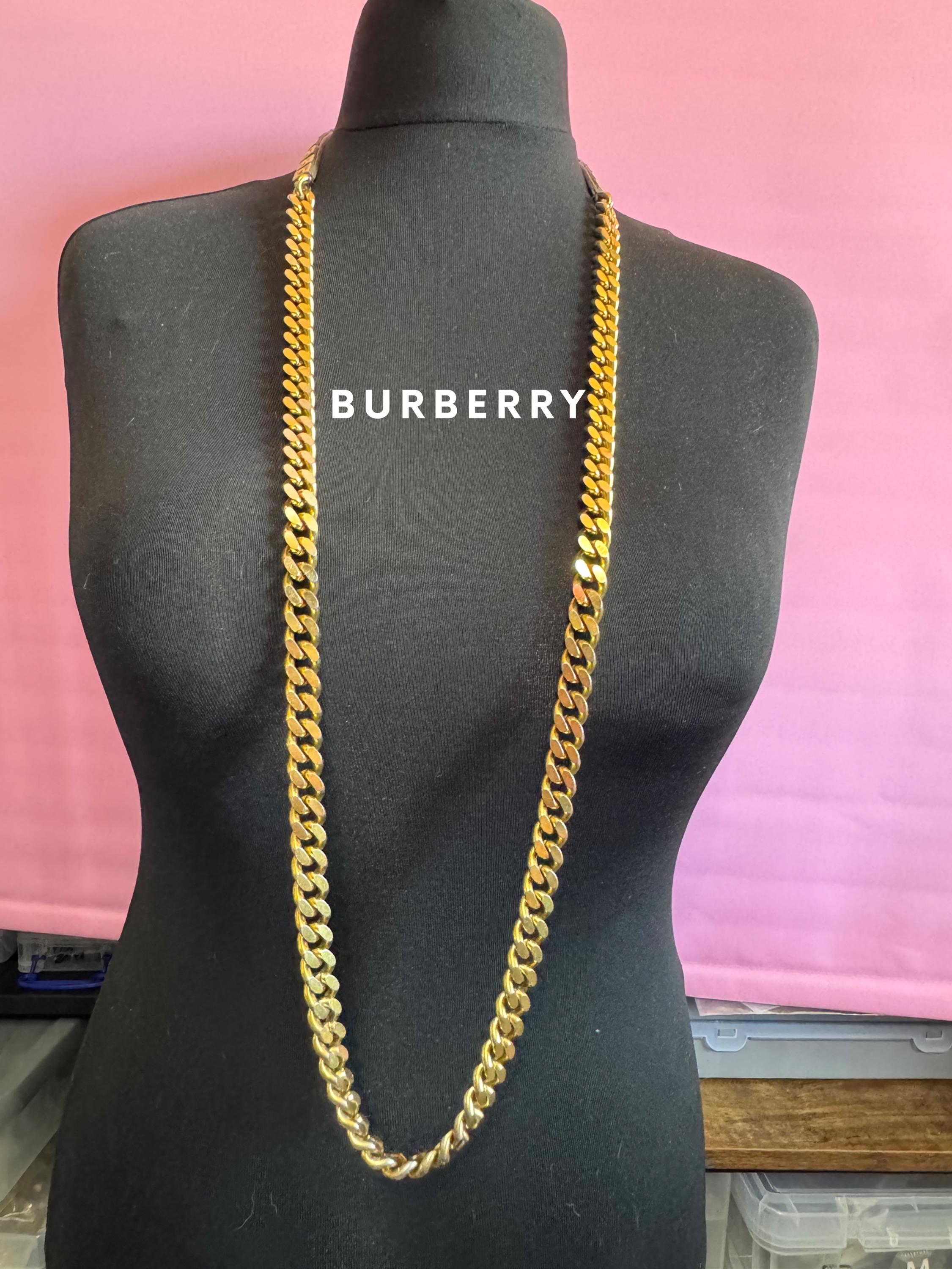 BURBERRY Leather Necklace, Gold Studded Leather Curb Beige Cream 