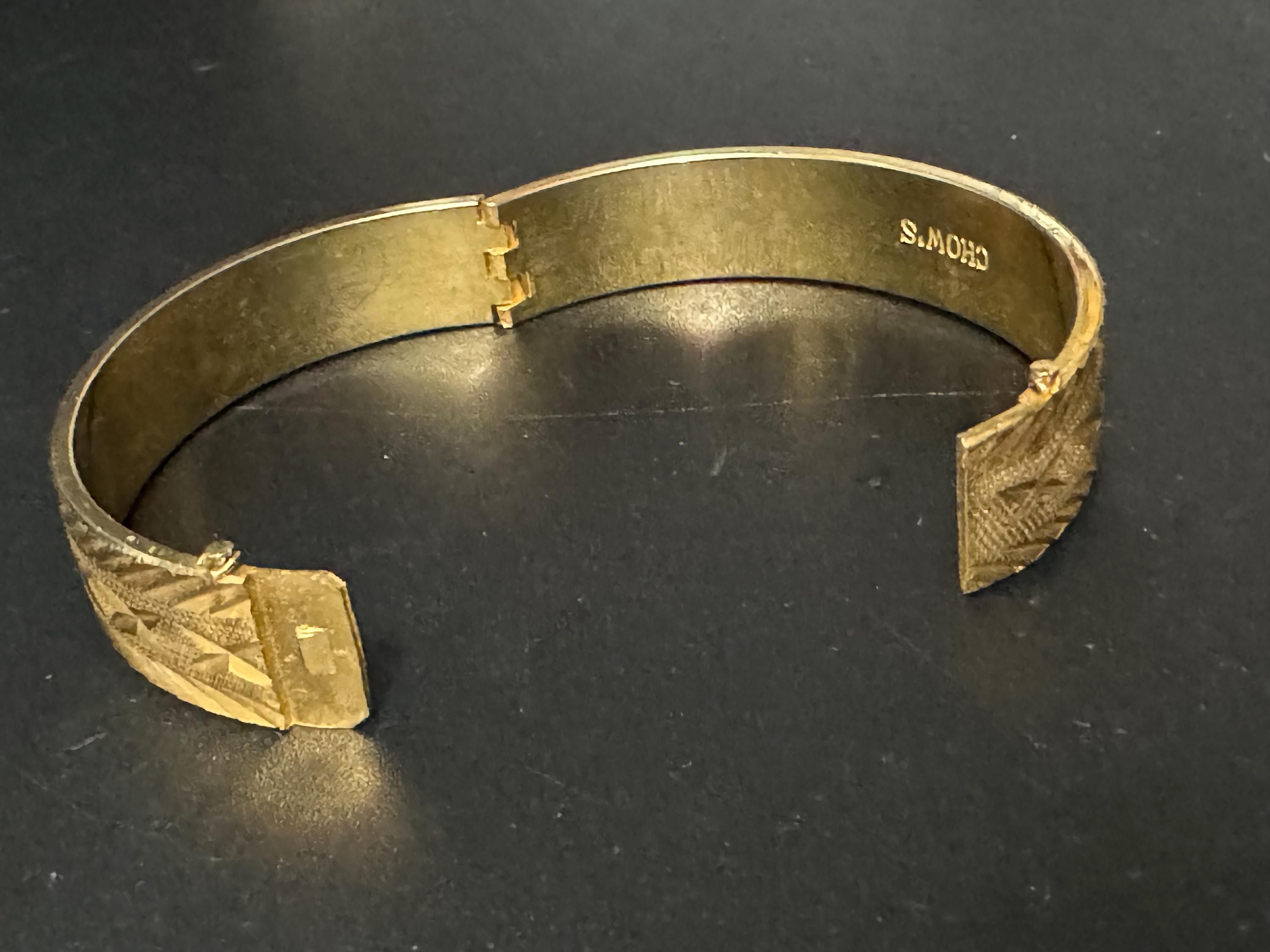 Chows Hinged Bangle, Engine Cut Engraving | 1980S Gold Tone