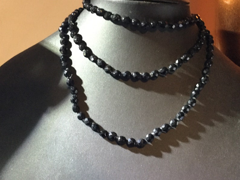 Antique French Jet Black Glass Lariat or sautoir long beaded flapper necklace with faceted beads vintage art deco 1920s 1930s