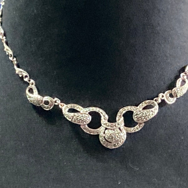 Signed Sphinx Vintage Art Deco Revival Silver Tone Marcasite Floral Necklace