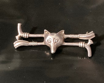 Vintage fox head bar brooch 925 sterling silver