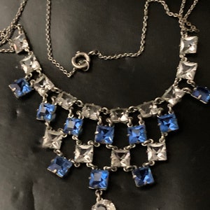 Petite Art Deco czech open back crystal Sapphire blue clear diamanté Paste Rhinestone glass bib necklace
