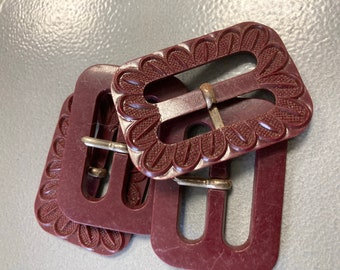 Vintage plastic celluloid Belt Buckle dark red oxblood maroon