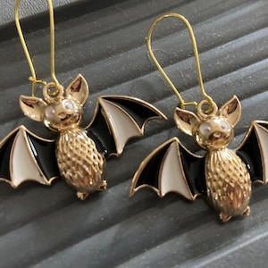 Large Handmade Novelty gold  tone 3D black white enamel metal oversized BAT spooky  drop earrings for Halloween