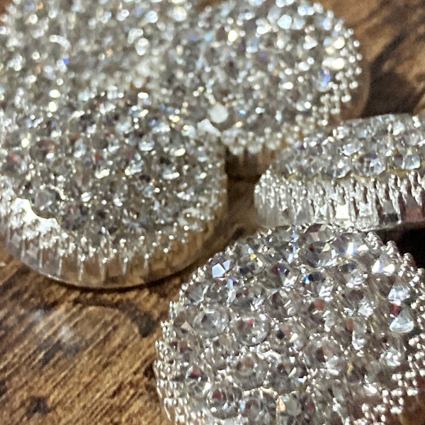 Set of 6 25mm silver metal shank round domed glass diamanté buttons for coat