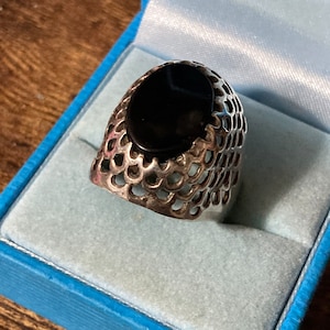 Vintage SIZE R 925 sterling silver modernist chunky open work black onyx gemstone dress ring 6.2grams