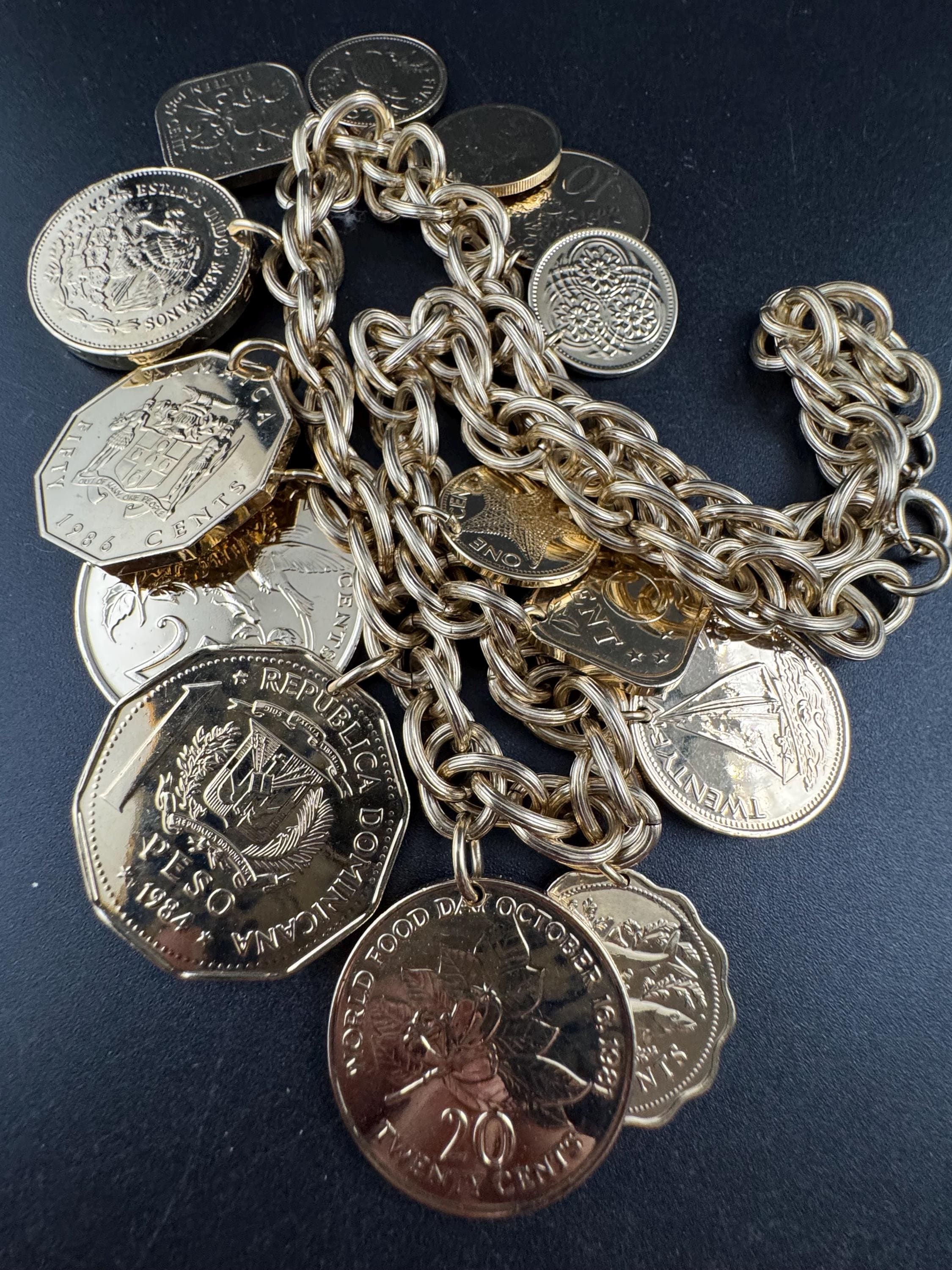 Golden Caribbean Coin Necklace: Franklin Mint, Vintage Gold Wide