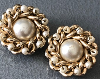 Signed Hong Kong Vintage white cream pearl floral glass beaded Cluster Clip On Earrings