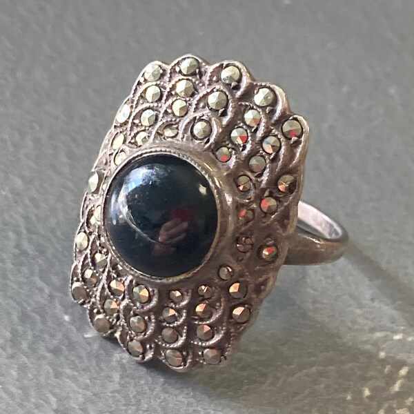 925 sterling silver cocktail dress ring set with marcasite onyx gemstone stone UK SIZE O 4.99gm