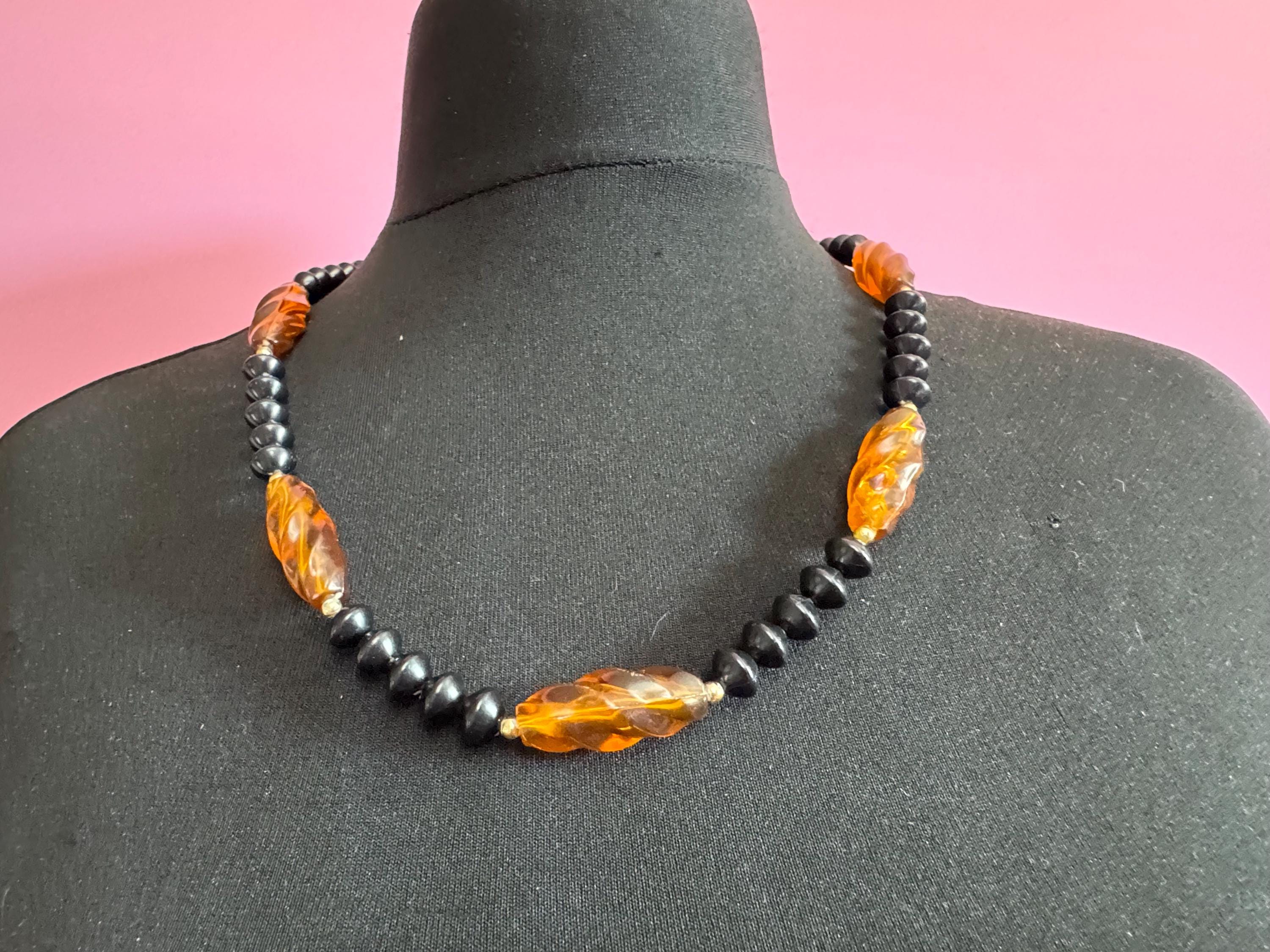 Amber Brown Plastic Beaded Necklace, Black Beads 70s Early 80s