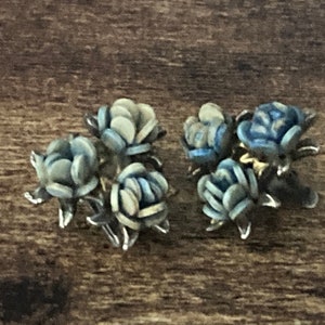 Vintage silver tone pastel blue green roses floral clip on mid century stud earrings