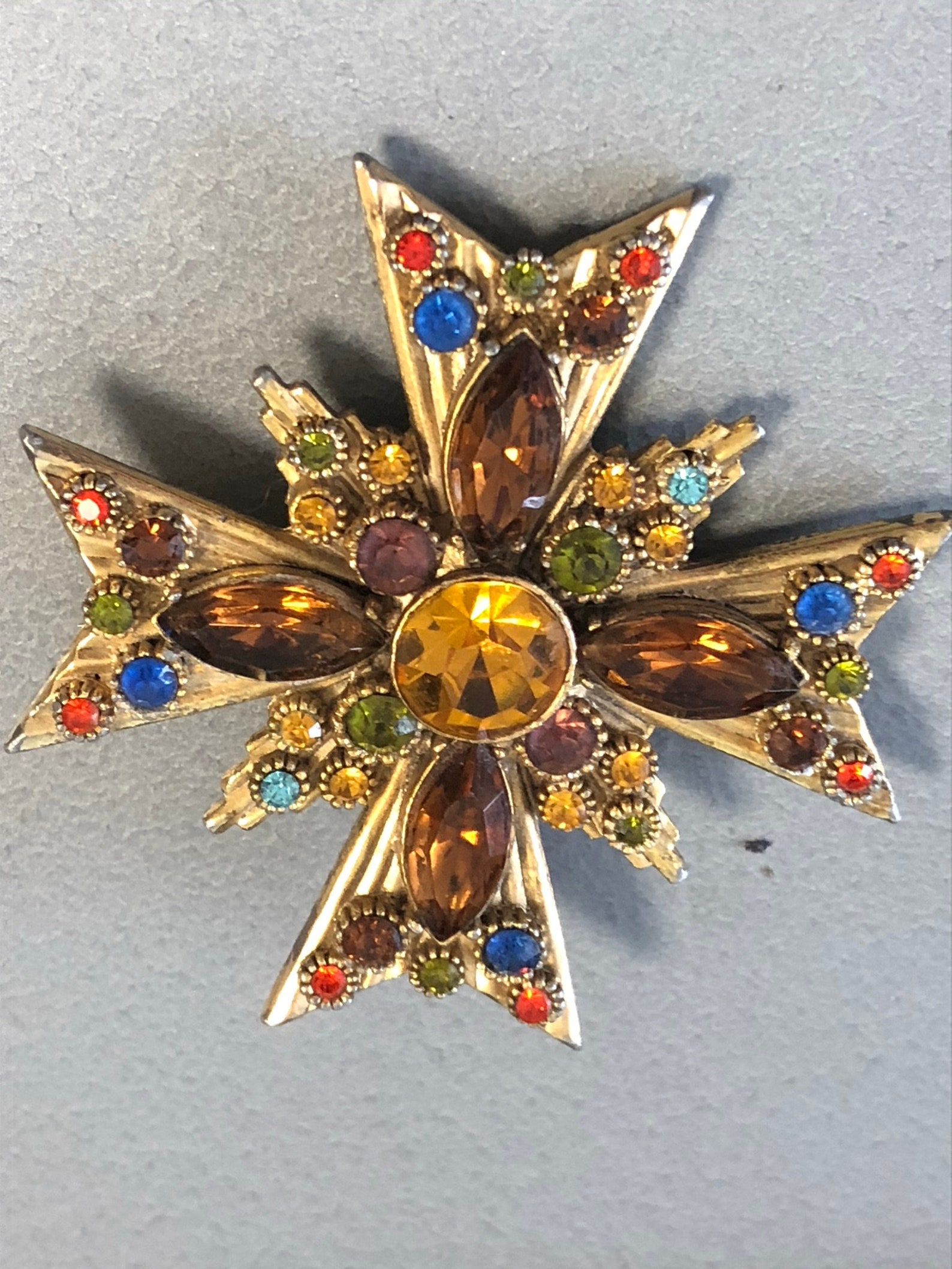 AF Vintage gold Tone Maltese Cross Brooch with rainbow paste | Etsy