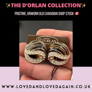 Vintage D’orlan Swarovski Crystal Clip On Earrings: 22ct Gold Plated Black Enamel