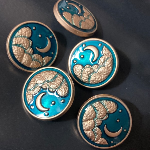 Pack 5 x 20mm gold tone blue enamel night sky star moon buttons with metal shank