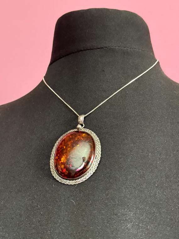 Amber large oval Pendant, chain necklace Sterling 925 Silver gemstone