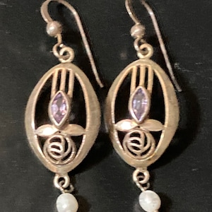 Art nouveau Amethyst gemstone 925 silver drop retro earrings