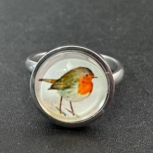 Robin redbreast ring: stainless steel adjustable 14mm glass cabochon