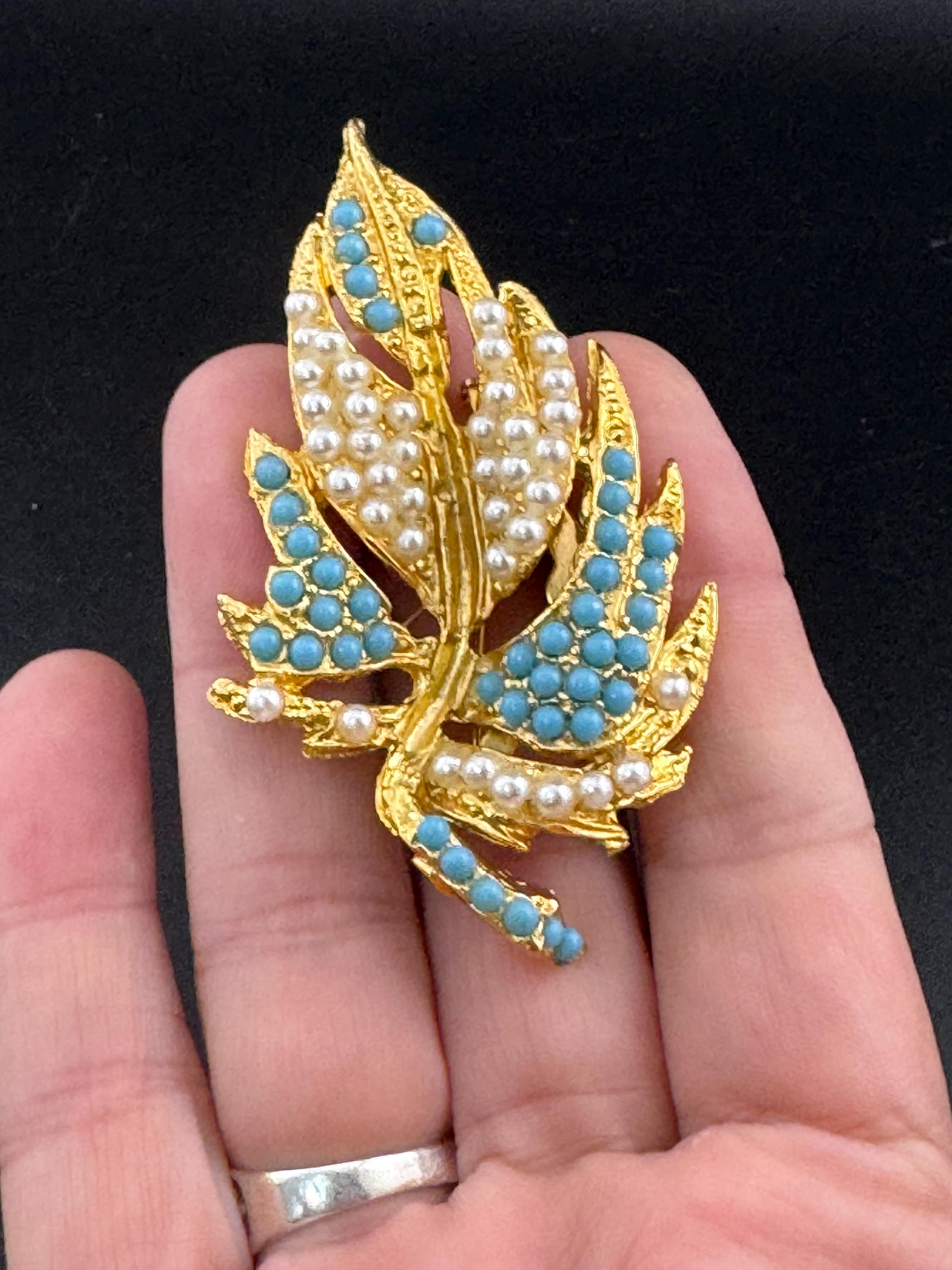 Broche Vintage Années 80 En Métal Avec Turquoise Et Perles Rocaille - Bijou Rétro