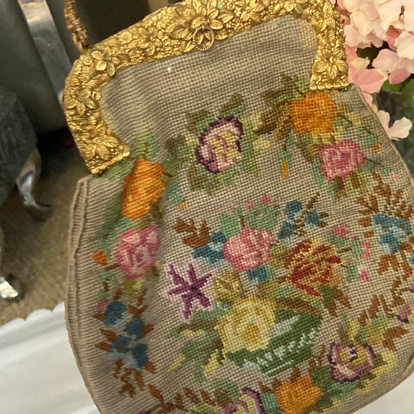 Antique années 1920 1930 tapisserie sac à main floral sac de soirée charnière dorée