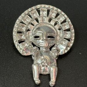 vintage silver tone Mayan Aztec Etruscan figure brooch