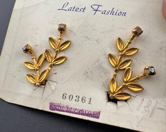 Boucles D'oreilles Vintage Clips Dorées - Design Feuille Avec Strass - Occasion élégante