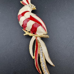Vintage oversized Tropical Parrot firecrest brooch set with Paste diamanté and red and cream Enamel gold tone metal 1980s