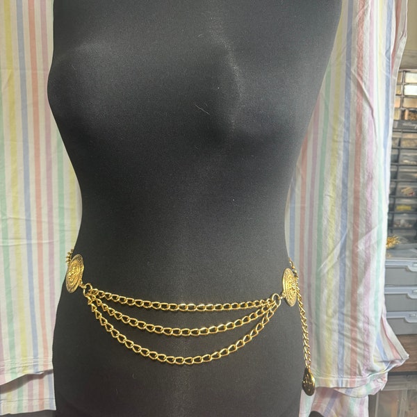 Retro high end gold tone lion medallion triple chain link adjustable fashion belt up to 100cm