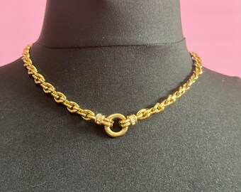 Collana girocollo con strass placcati oro, larghezza 7 mm, retrò anni '80, 46 cm