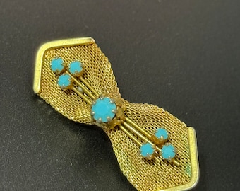 Gold Mesh Brooch, Turquoise Beaded Bow | Vintage Abstract Accent | Mid Century Modern | 5Cm