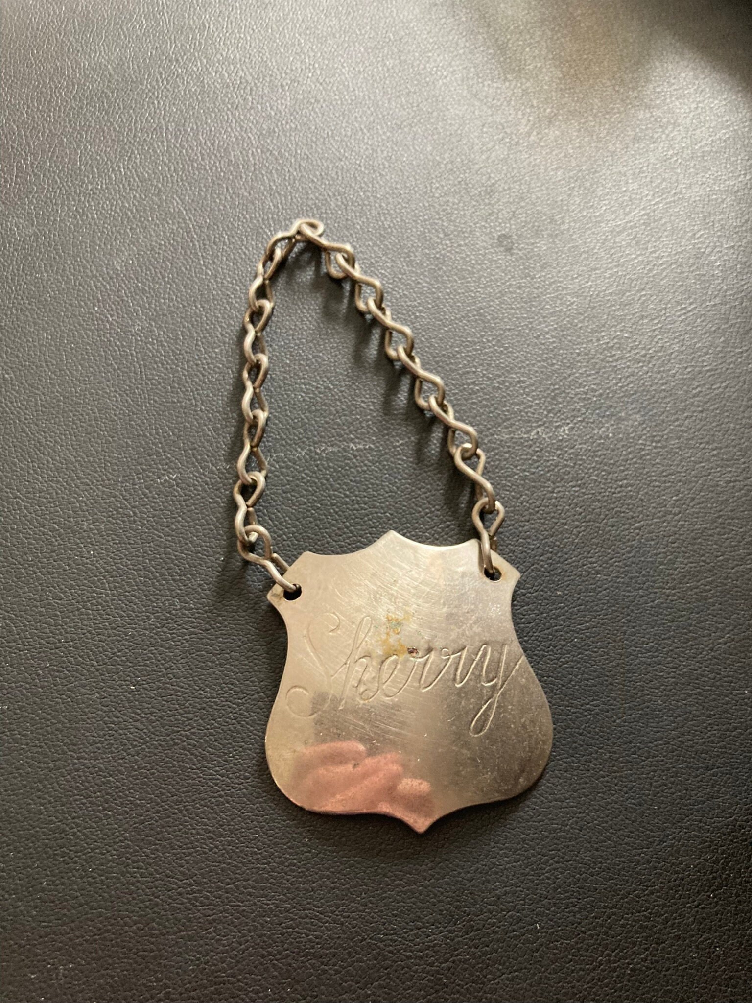 SHERRY Vintage Silver Tone Metal Decanter Label on a Chain