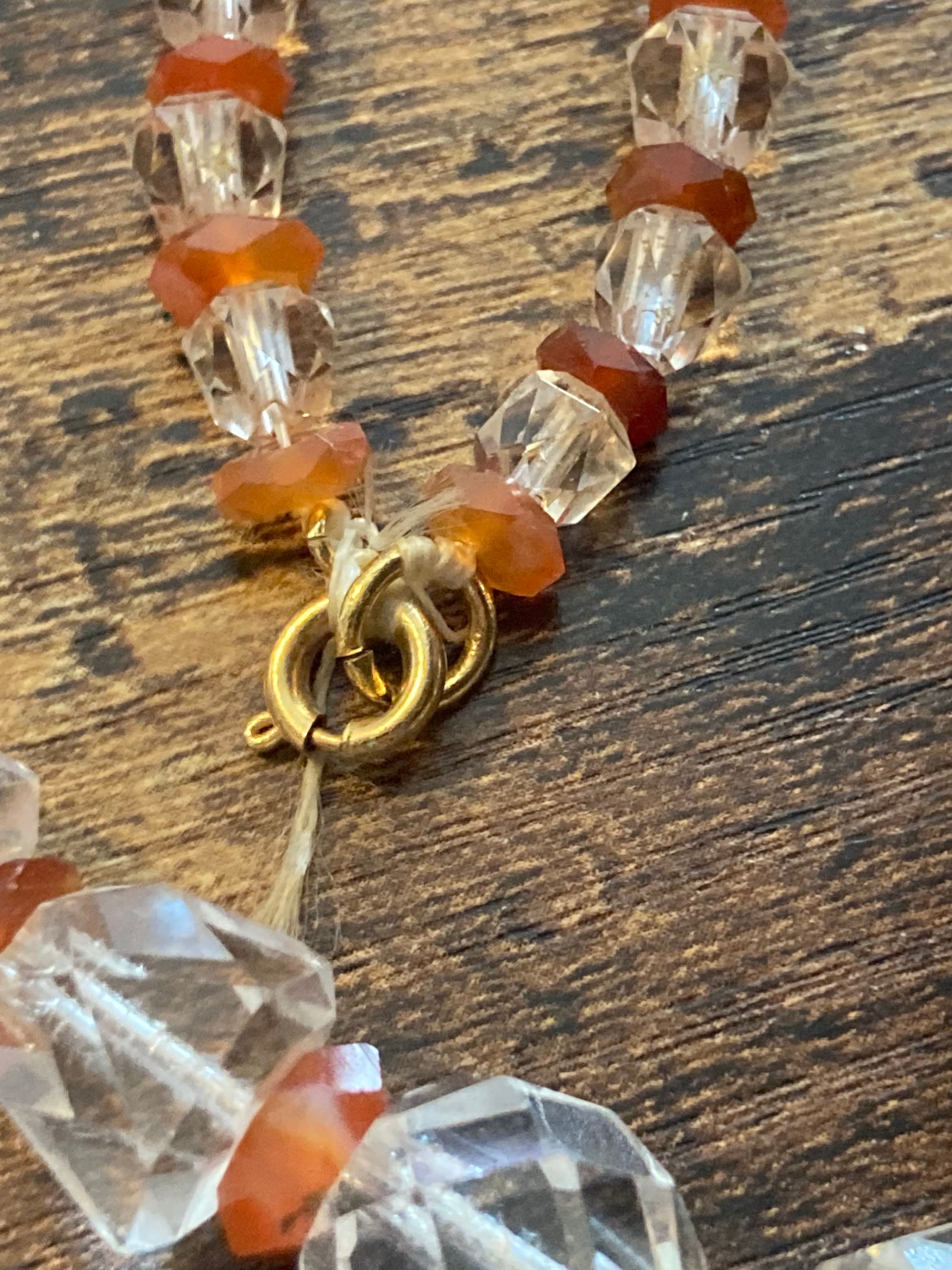 Collier Sautoir Ancien Années 1920 Perles Verre Orange Et Blanches - Longueur 1,4 M