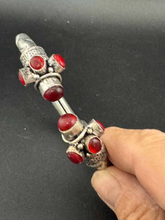 Garnet ruby red GEMSTONE Bangle silver plated tor… - image 4