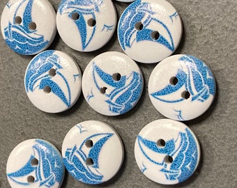 SAILING YACHT 10 buttons x 16mm round plastic Blue & White nautical (all one design)